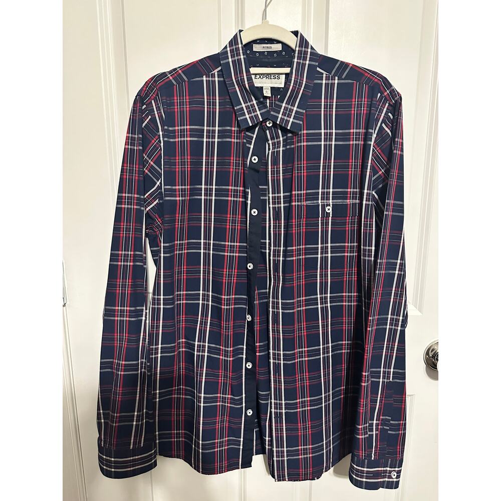 Express Men's Navy Blue Plaid Fitted Shirt Large